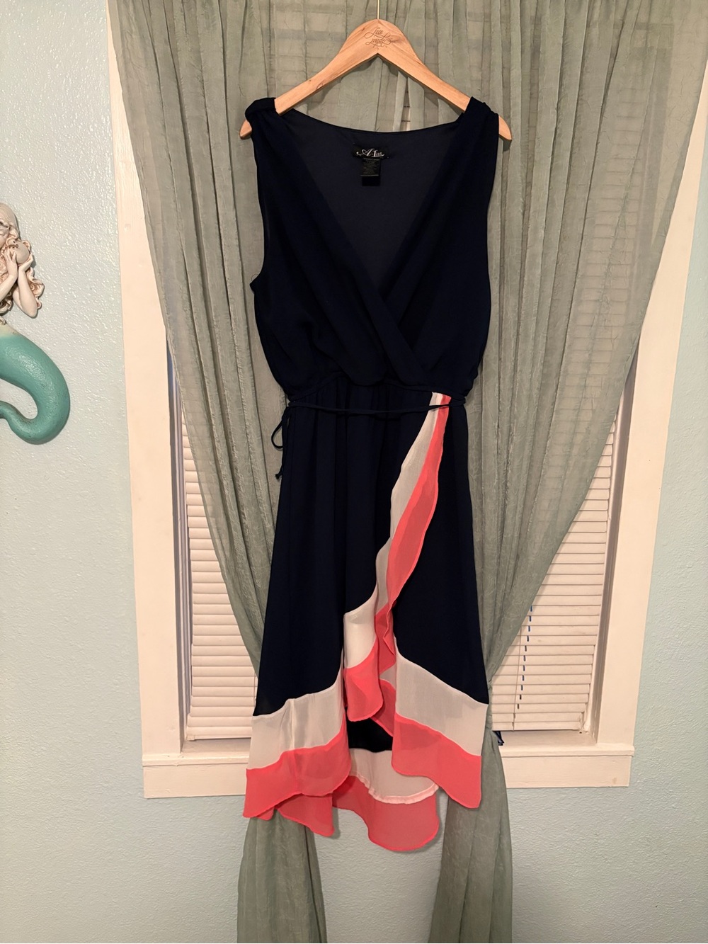 A-list Navy Wrap Dress with Coral and White Ruffle